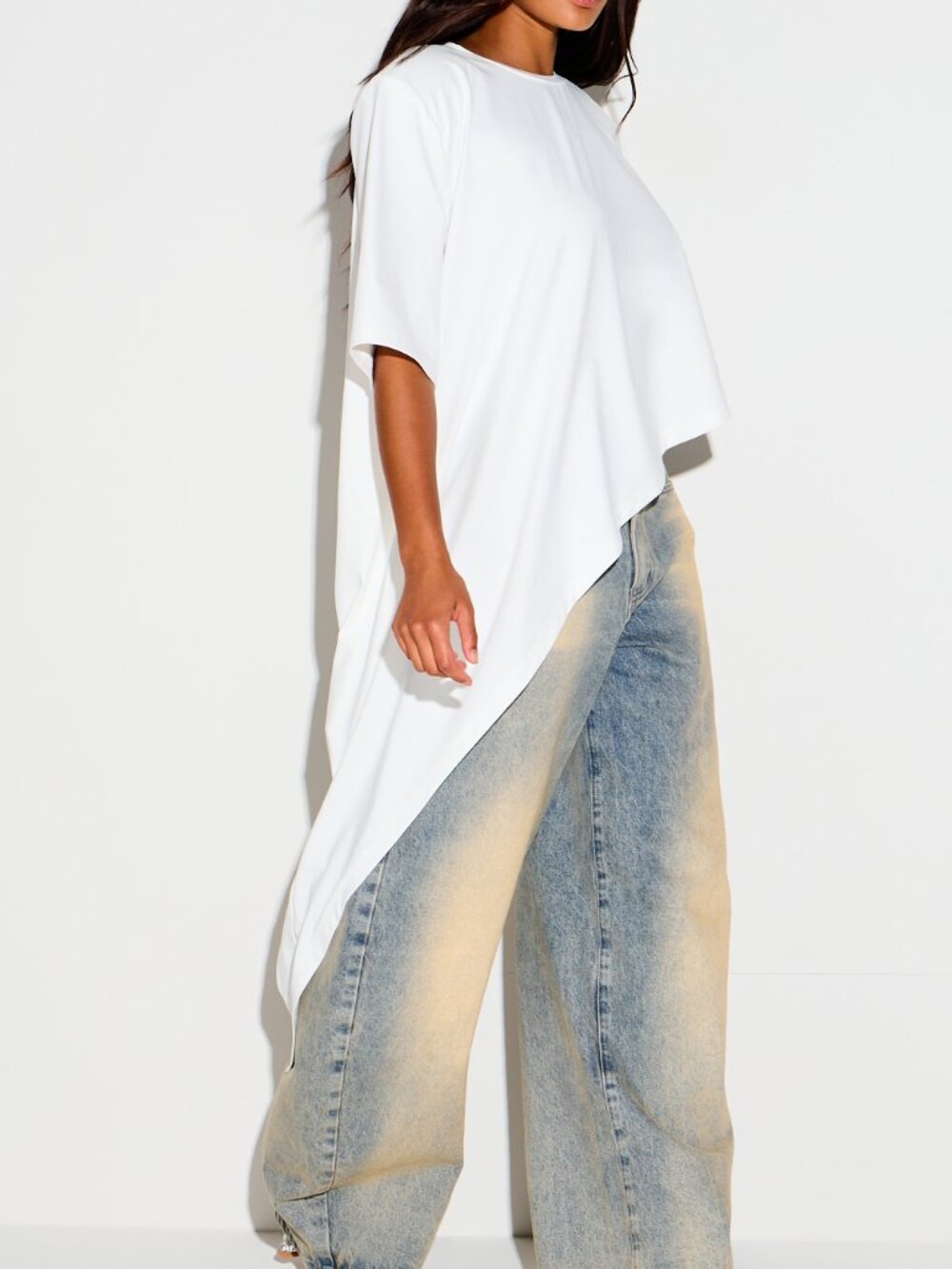 White Casual Women's Oversized Asymmetric Shoulder Pad High-Low Hem T-Shirt - Picture 5 of 5